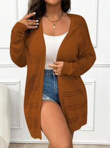 Elenzga Plus Size Spring & Autumn Solid Color Hollow-Out Knit Fall Cardigan Winter - Brown - View 6