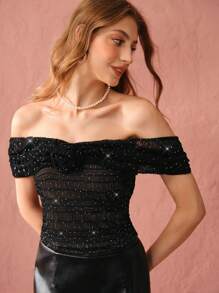 Enchnt Autumn Romantic Women's Slim Fit Off-Shoulder Black Rose Sparkle Diamond Top,For Halloween & Christmas Party