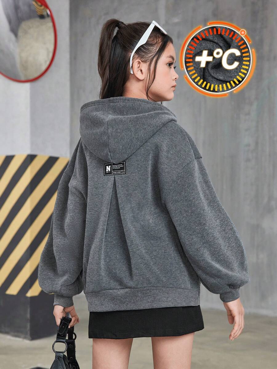 SHEIN 少女宽松套头卫衣,后背褶裥设计,休闲灰色,返校季,秋季 - 深灰色 - 查看 1