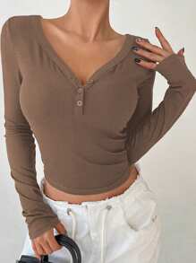 DAZY V-Neck Half Placket Button Curved Hem Fitted Long Sleeve Women T-Shirt