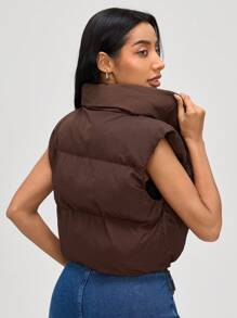 SHEIN BASICS Áo vest dáng rộng cổ đứng dệt trơn màu giản dị cho nữ - Cà phê nâu - Xem 2