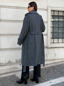 RueChic Plus Size Double Breasted Slant Pocket Belted Overcoat - Grey - View 2