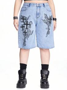 ROMWE Grunge Punk 大码简约印花休闲短裤 - 淺色水洗藍 - 查看 5
