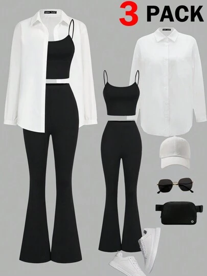 SHEIN Essnce 3 件/套女士休闲基本款轻便运动装，性感时尚户外骑行网球旅行上衣，黑色修身吊带上衣和黑色修身喇叭裤和长袖白色衬衫女士运动服健身套装秋季女装，3 件/套