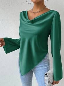 Chiquease Women's Solid Color Asymmetric Hem Elegant Blouse, Spring/Summer - Dark Green - View 6