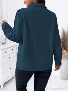 Elenzga Plus Size Solid Color Lapel Front Button Long Sleeve Casual Fall Blouse - Teal Blue - View 2