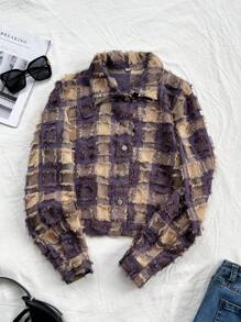Modelyn Women's Turndown Collar Long Sleeve Button-Front Plaid Jacket, Casual Everyday Wear Fall Cloth For Women - Purple - View 1