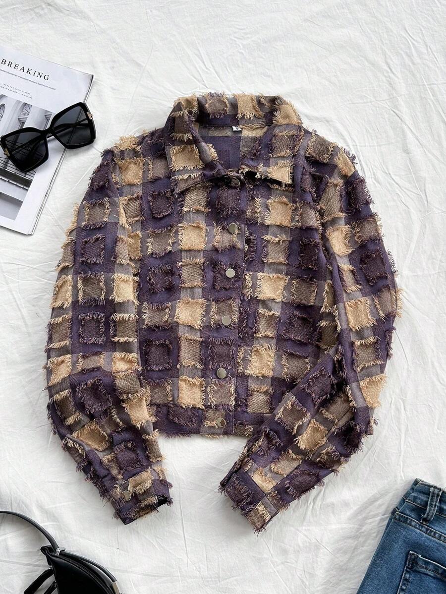 Modelyn Women's Turndown Collar Long Sleeve Button-Front Plaid Jacket, Casual Everyday Wear Fall Cloth For Women - Purple - View 1