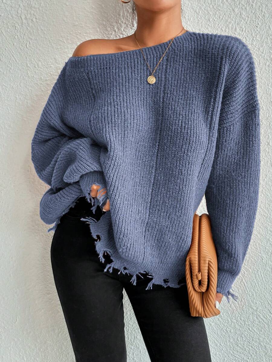 SHEIN Essnce Atasan Kasual Lengan Panjang Kerah Bulat Polos Ukuran Besar untuk Musim Gugur/Acara Warna Biru Muda - Biru - View 1