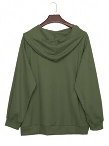 Sudadera de manga larga con bolsillos de unicolor y 4 botones para mujer talla grande, casual de primavera - Verde militar - Ver 2