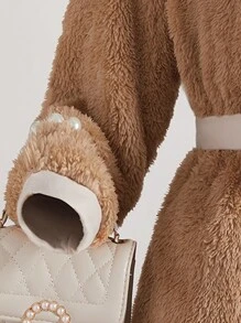 SHEIN Tween Girls Colorblock Double Breasted Long Fluffy Casual Jacket, Winter