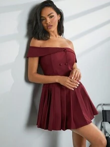 Hauture Off Shoulder Double Buttons Pleated Dress - Burgundy - View 6