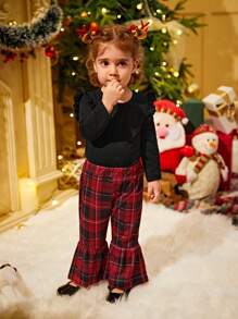 Set da abbigliamento natalizio per neonata con body a maniche lunghe nero e pantaloni a quadri rossi, collezione autunno/inverno