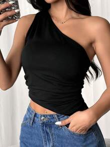 SHEIN EZwear Women's Solid Color Asymmetrical Shoulder Sleeveless Hollow-Out Casual Top With Back Tie
