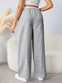 SHEIN 孕妇休闲通勤松紧腰蝴蝶结抽绳直腿宽松裤 - 黑與白 - 查看 2