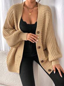 Chiquease Damen Einfarbige Minimalistische Lässig Strickjacke - Khaki - Übersicht 6