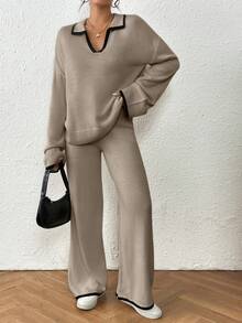Joy Knit Women Casual Dropped Shoulder Loose V-Neck Contrast Binding Sweater And Loose Wide Leg Knit Pants Set - Khaki - View 5