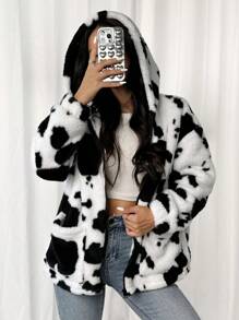 SHEIN EZwear Women Regular Length Two-Sided Fleece Cow Print Jacket In Fall/Winter - Black and White - View 5