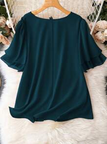 Blusa Casual Feminina Plus Size com Decote em V e Mangas Bufantes - Azul petróleo - Visão 2