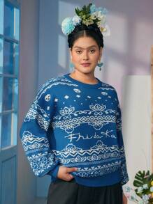 Frida Kahlo X SHEIN Suéter de punto clásico azul de cuello redondo suelto y suave en talla grande - Azul - Ver 7