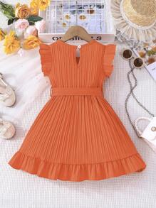 SHEIN 公主中长连衣裙，适合年轻女孩蝴蝶结腰部荷叶边下摆派对礼服，春夏 - 橘色 - 查看 2