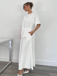 SHEIN Essnce 2024 Spring Summer New Arrival Chiffon 2 In 1 Long Dress For Women - White - View 1