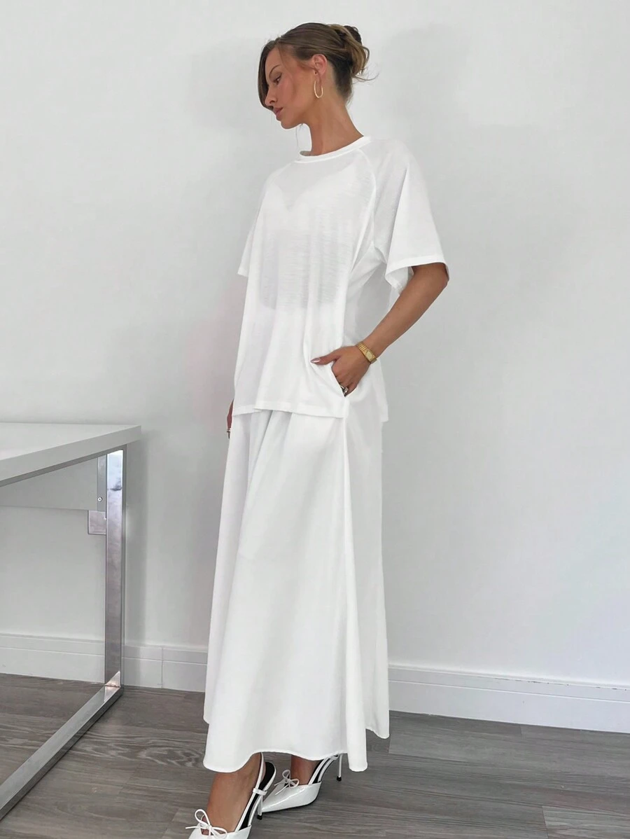 SHEIN Essnce 2024 Spring Summer New Arrival Chiffon 2 In 1 Long Dress For Women - White - View 1