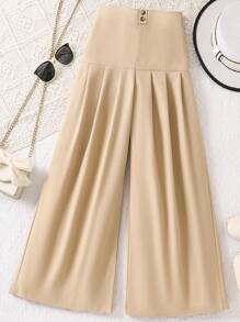 SHEIN 青少年女孩时尚宽松喇叭阔腿时尚休闲裤 - 卡其色 - 查看 1