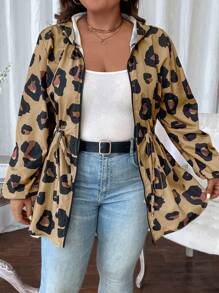 SHEIN LUNE Abrigo con capucha, estampado de leopardo, cordón ajustable en la cintura, para primavera y otoño, talla grande - Marrón - Ver 5