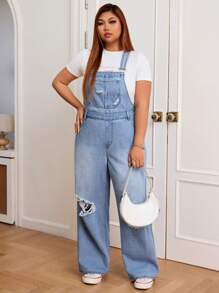 SHEIN EZwear Plus Size Retro Ripped Denim Overalls With Strap Design, Casual Streetwear