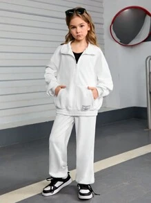SHEIN 2pcs/Set Tween Girls Loose Casual Letter Printed Hoodie And Sweatpants Set - White - View 9
