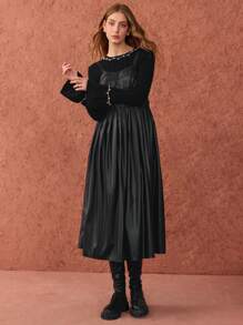 Enchnt Vestido de manga larga para mujer con decoración de cuentas - Negro - Ver 6