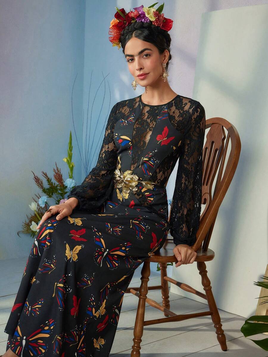 ISELACOS Frida Kahlo X SHEIN X Designer Contrast Lace Butterfly Print Long Dress, Holiday, Party, Thanksgiving, Birthday Outfits, Spring, Festival - Black - View 1