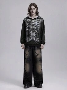 ROMWE MEN Goth 男士拉链前长袖骷髅印花连帽衫，休闲日常穿着运动衫 - 黑色 - 查看 2