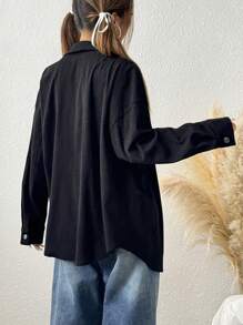 SHEIN EZwear Veste décontractée ample avec lettres brodées pour femmes, avec poches, printemps/automne - Noir - Voir 2