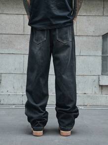 GALLERY FADE 男士宽松阔腿休闲牛仔裤，带口袋，纯色深色牛仔裤，长款宽松纯黑色洗水工装牛仔裤，适合丈夫、男朋友的礼物 - 黑色 - 查看 2