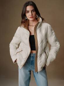 Anewsta Women Short Beige Stand Collar Long Sleeve Embroidered Sequin Jacket