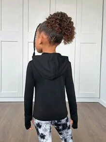 SHEIN Leap Crew 年轻女孩纯色连帽休闲开衫运动上衣 - 黑色 - 查看 2