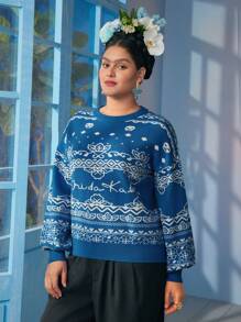 Frida Kahlo X SHEIN Suéter de punto clásico azul de cuello redondo suelto y suave en talla grande - Azul - Ver 6