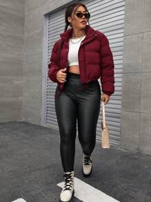 Plus Size Solid Color Front Zipper Long Sleeve Casual Padded Coat, Everyday Wear - Burgundy - View 5
