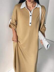 Al Najma Women's Contrast Color Polo Collar Cuffed Sleeve Casual Straight Modest Dress, Casual Sporty For Casual Daily/Work/Back To School, Maxi Length Arabian Dresses - Multicolor - View 3