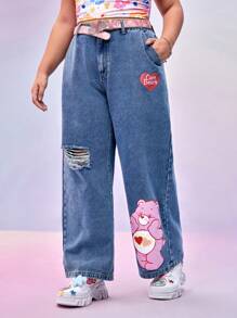 SHEIN X Care Bears Quần Jeans Xanh Rửa Cổ Điển Thường Ngày Hình Trái Tim & Gấu Hồng In Hình Hoạt Hình Dáng Rộng Co Giãn Rách Cạp Cao, Thu/Đông - Màu xanh lam - Xem 5