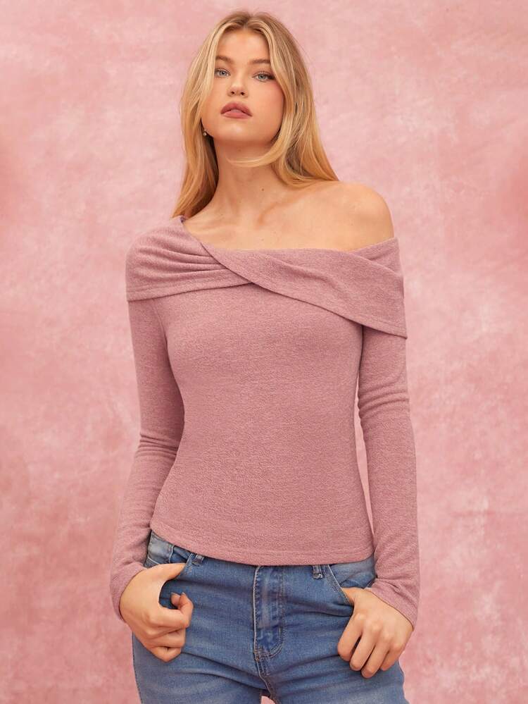 レディース 無地 オフショルダー 長袖 シンプル Tシャツ、カジュアル デイリーウェア