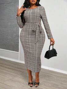 Maweii 大码女式千鸟格纹系腰带连衣裙 女式超长套装 - 咖啡棕 - 查看 1