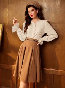 Vintamour Vintage Elegant Women's Shirt With Lace Patchwork, V-Neck, Long Flare Sleeves, Ruffle Hem And Exquisite Pearl Button, Perfect For Work Back To School Clothes Fall Clothes Women Blouses Fall Tops Fall Outfits Teacher Clothes Winter Women Vintage Clothes White Long Sleeve Shirt Button Down Shirt Long Sleeve Top Renaissance Old Money Work Clothes Christmas Clothes Winter Tops Work Women Blouses Homecoming Birthday Women Outfits Cottage Core Fall Clothes Long Sleeve Blouse