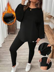 SHEIN LUNE Bộ 2 áo thun tay dài cổ tròn màu trơn cỡ lớn và quần bó dài đến mắt cá chân cho mùa đông - màu đen - Xem 2