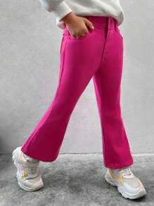 SHEIN Explorewe Young Girls New Y2K Style Fuchsia Color Energetic Denim Flared Pants, Suitable For Daily Wear Colorful Outfit - Pink - View 4