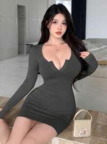 DAZY Women's Solid Color Slim Fit Casual Dress, Spring/Autumn - Dark Grey - View 6