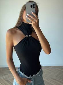 Aloruh Elegantes, modernes ärmelloses Turtleneck Bodysuit mit Metalldekoration für Frauen, Schwarze Streetwear - Schwarz - Übersicht 1