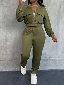 VaVaBold 2 piezas Conjunto de pantalones jogger de punto con bolsillos frontales con cremallera para mujer, otoño - Verde militar - Ver 7